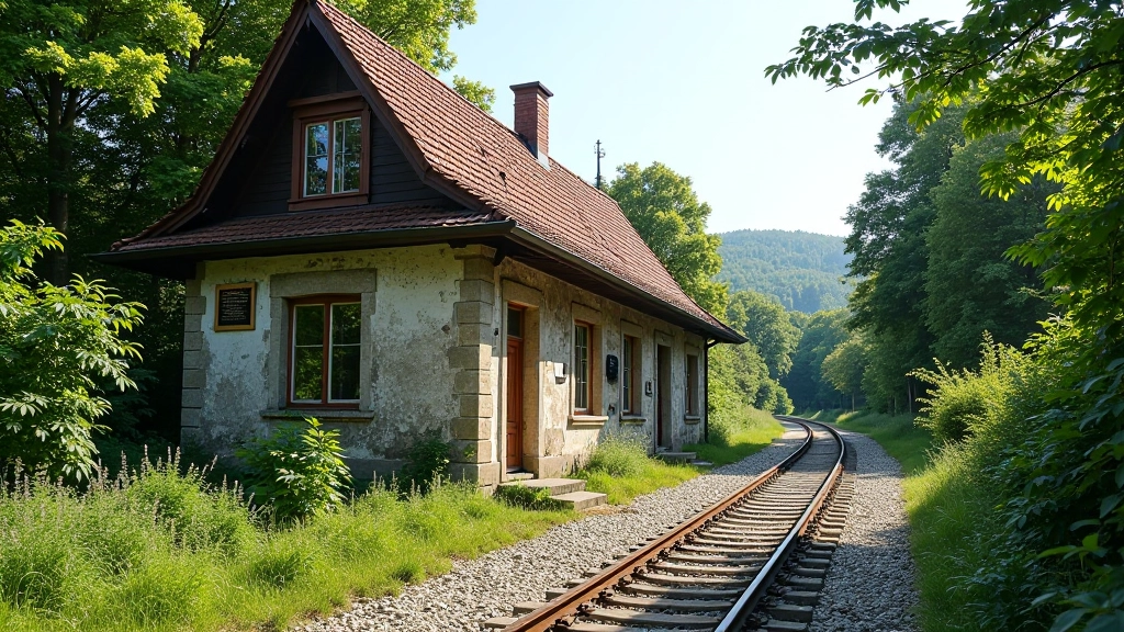 Historic railway station building with preserved architecture and overgrown vegetation, restored heritage landmark