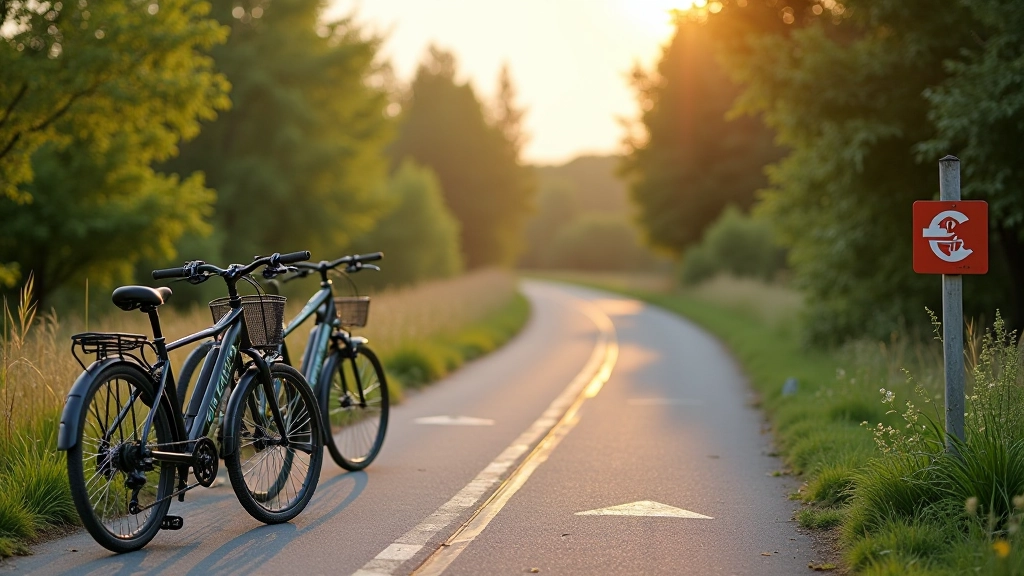 Parking area and trail entrance sign with bicycles ready for the ride, morning sunlight
