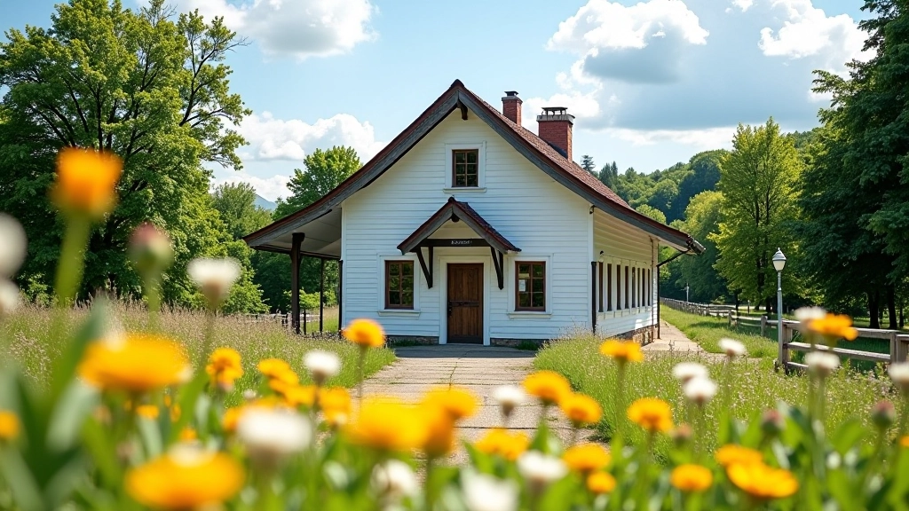 Vintage railway station building with white walls and wooden details, surrounded by blooming wildflowers