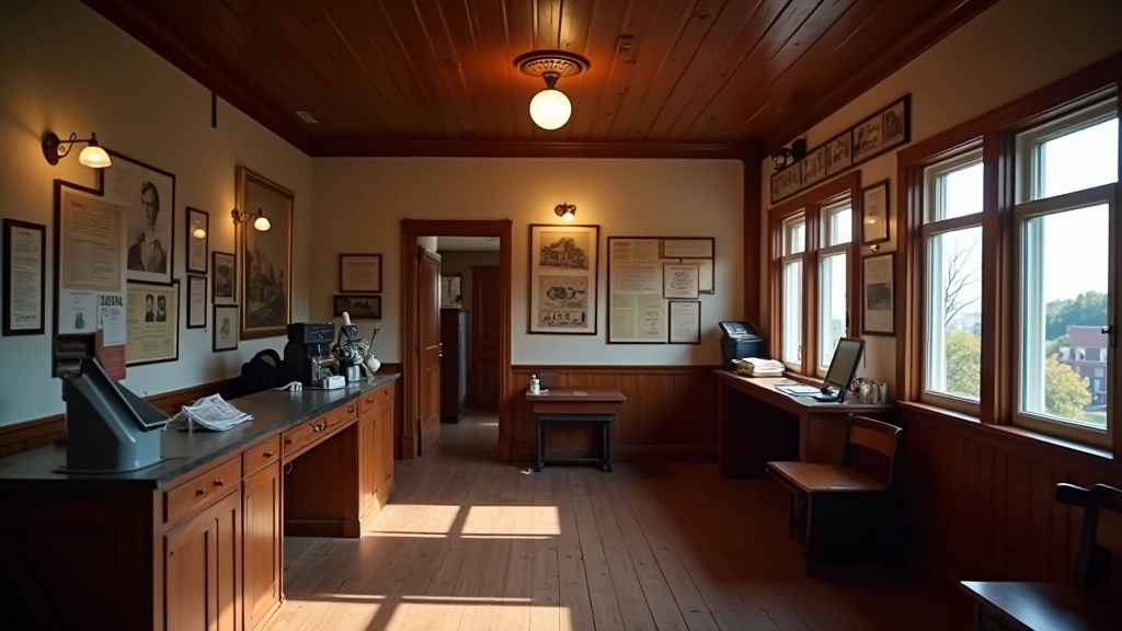 Interior of restored railway station with vintage ticket office, period photographs on walls, and heritage exhibits displayed