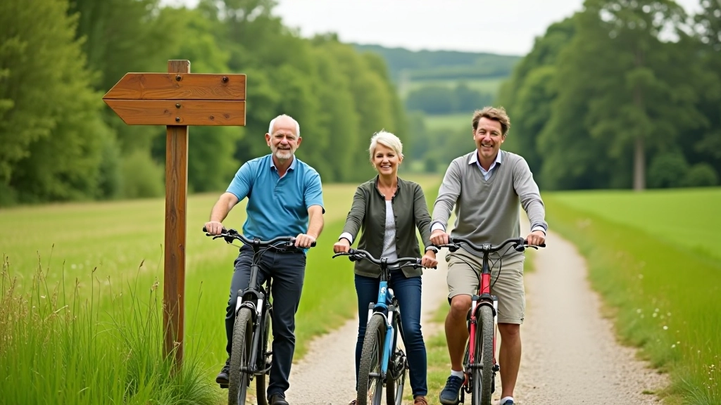 Three cyclists standing next to bikes beside a wooden sign marking the cycling route, rural landscape in background