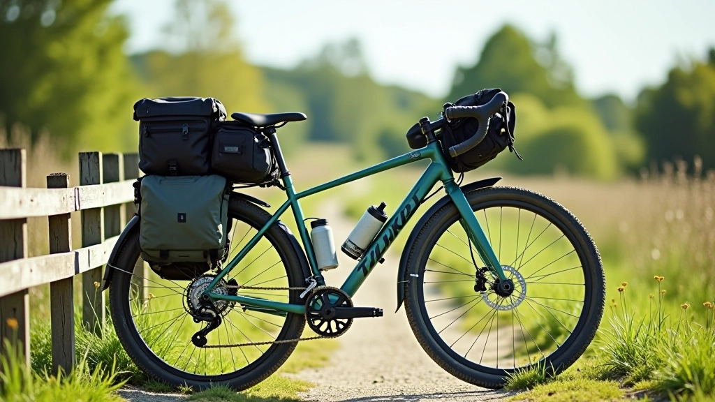 Bicycle packed with minimal gear and water bottle ready for touring