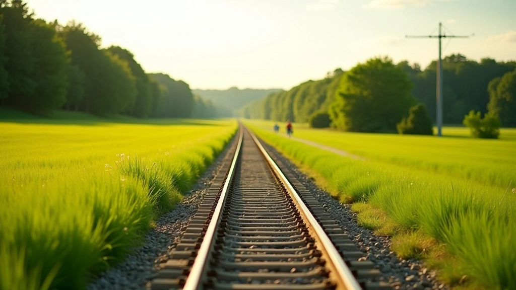 Scenic cycling path following preserved railway tracks through green countryside with distant forest